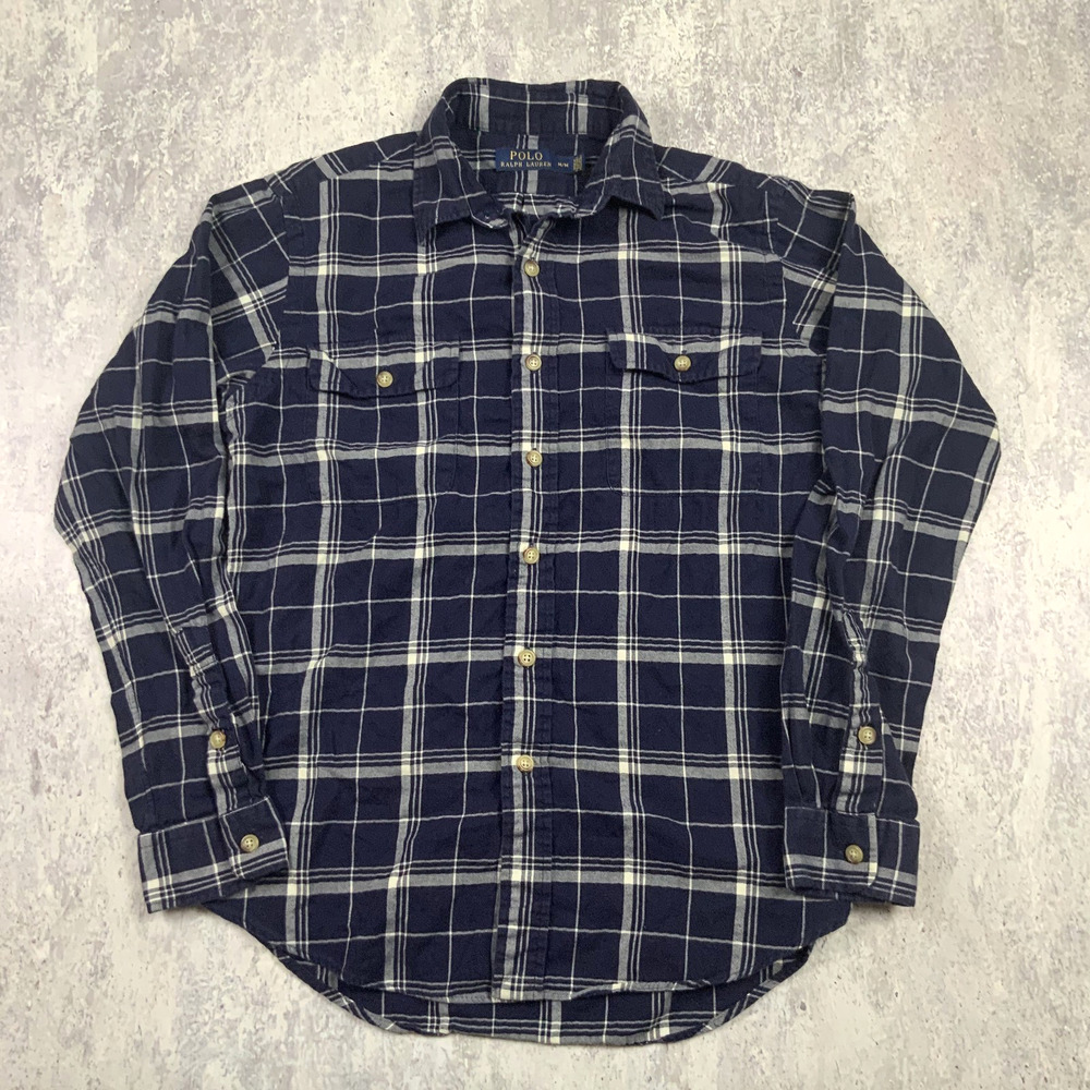 Polo Ralph Lauren Shirt Mens Medium Blue Plaid Button Up Casual Pockets Pockets